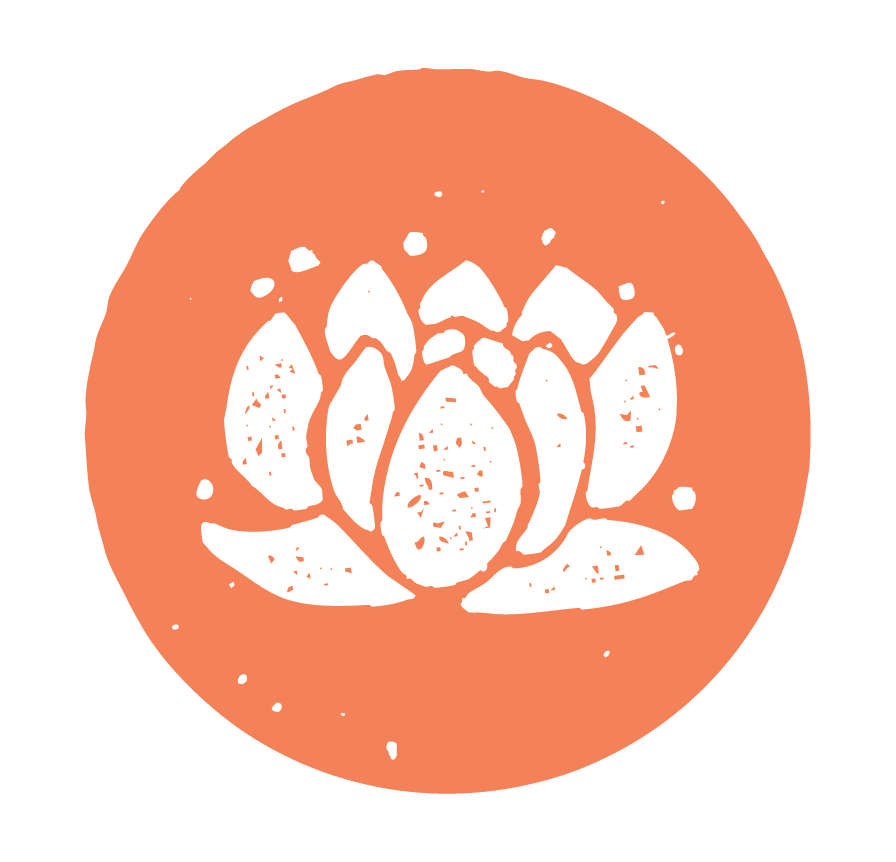 Stylized white floral design on a peach-colored circular background