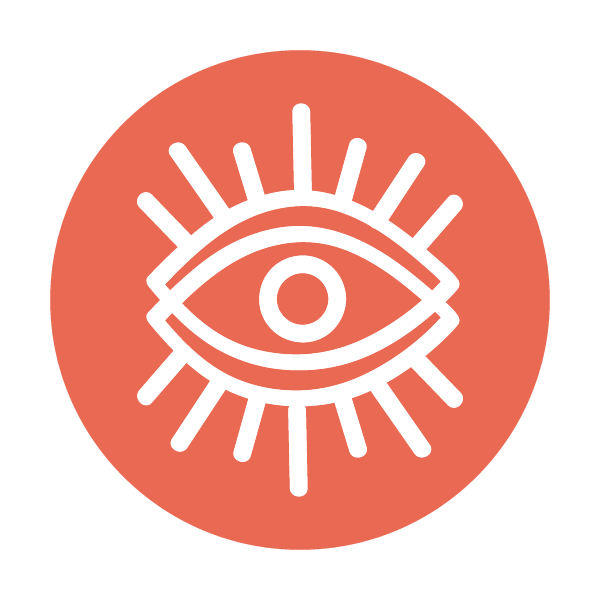 Icon of an eye with rays radiating outward, inside a red circle.