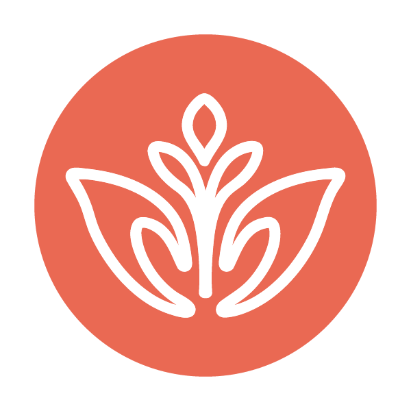A white line drawing of a stylized plant or flower inside a red-orange circle.