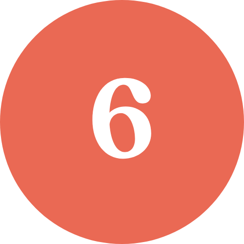 Red circular background with a large white number six in the center.