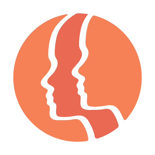 Graphic of three overlapping profile silhouettes of human faces with white outline, set against an orange circular background.