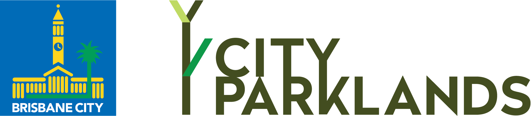 Brisbane City logo with outline of government building, a palm tree, and the words 'Brisbane City' underneath, and the words 'City Parklands' beside it.