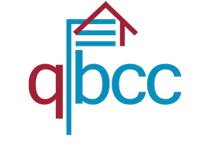 Logo with stylized house and the letters 'q', 'b', 'c', and 'c' in different colors.