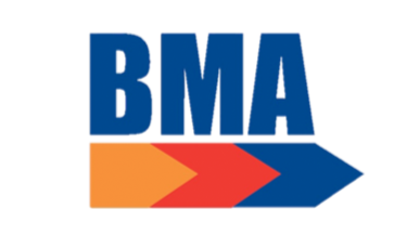 BMA logo with large blue letters and a multicolored arrow pointing right.