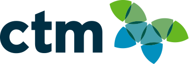 Logo of CTM with a stylized butterfly made of green and blue leaves.