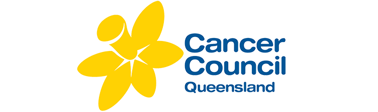 Logo of Cancer Council Queensland featuring a yellow flower and blue text.