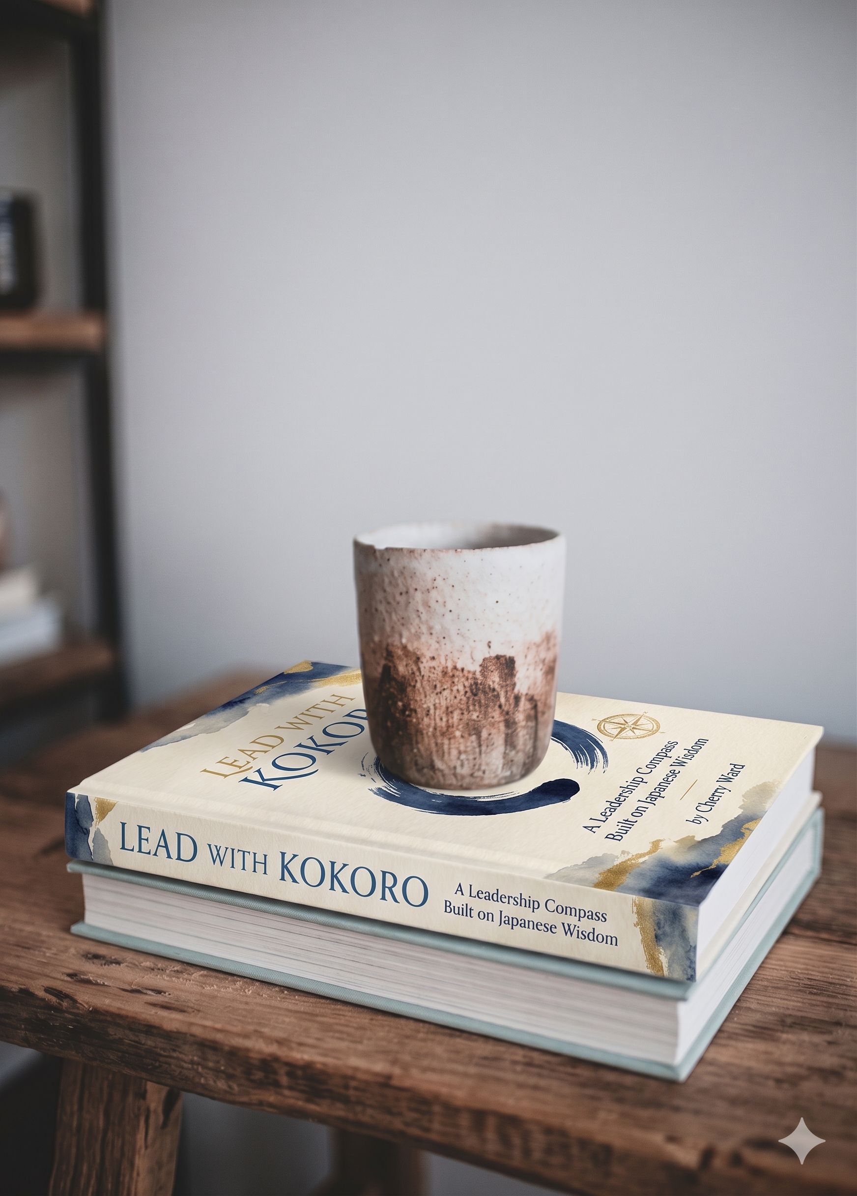 A ceramic mug with an earthy glaze sits on top of a hardcover book titled 'Lead with Kokoro' on a wooden table.