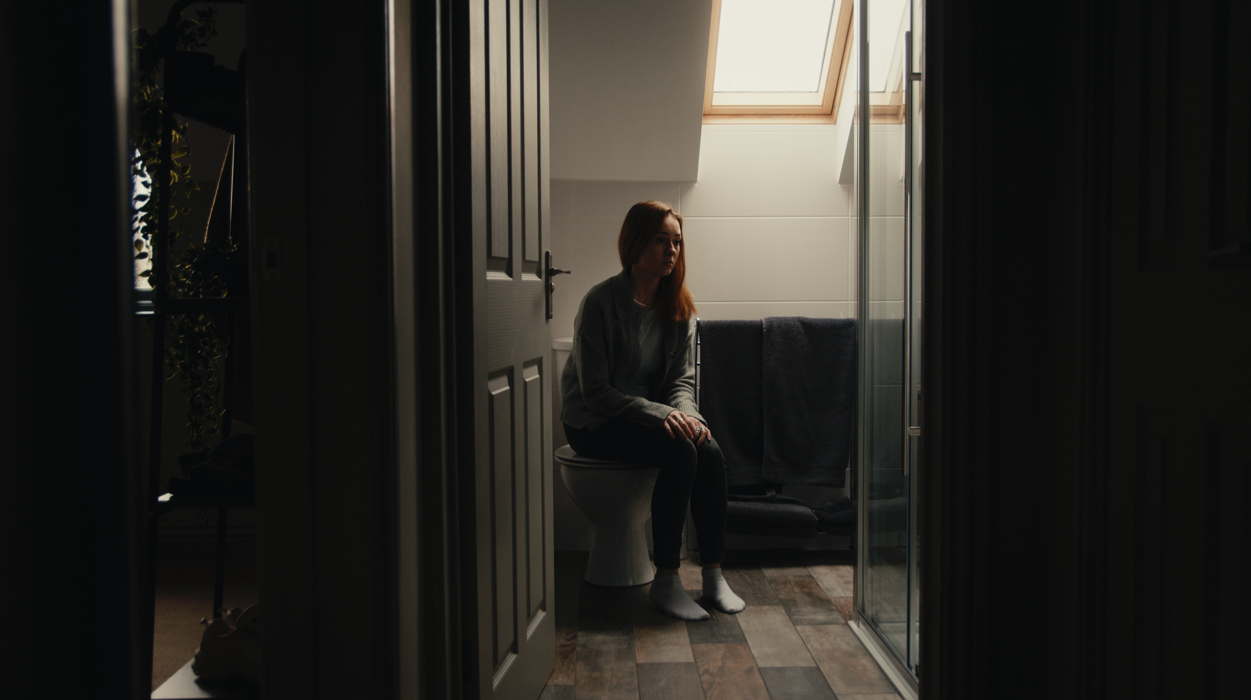 A woman with red hair sitting on a toilet in a bathroom, looking contemplative, with sunlight coming through a skylight.