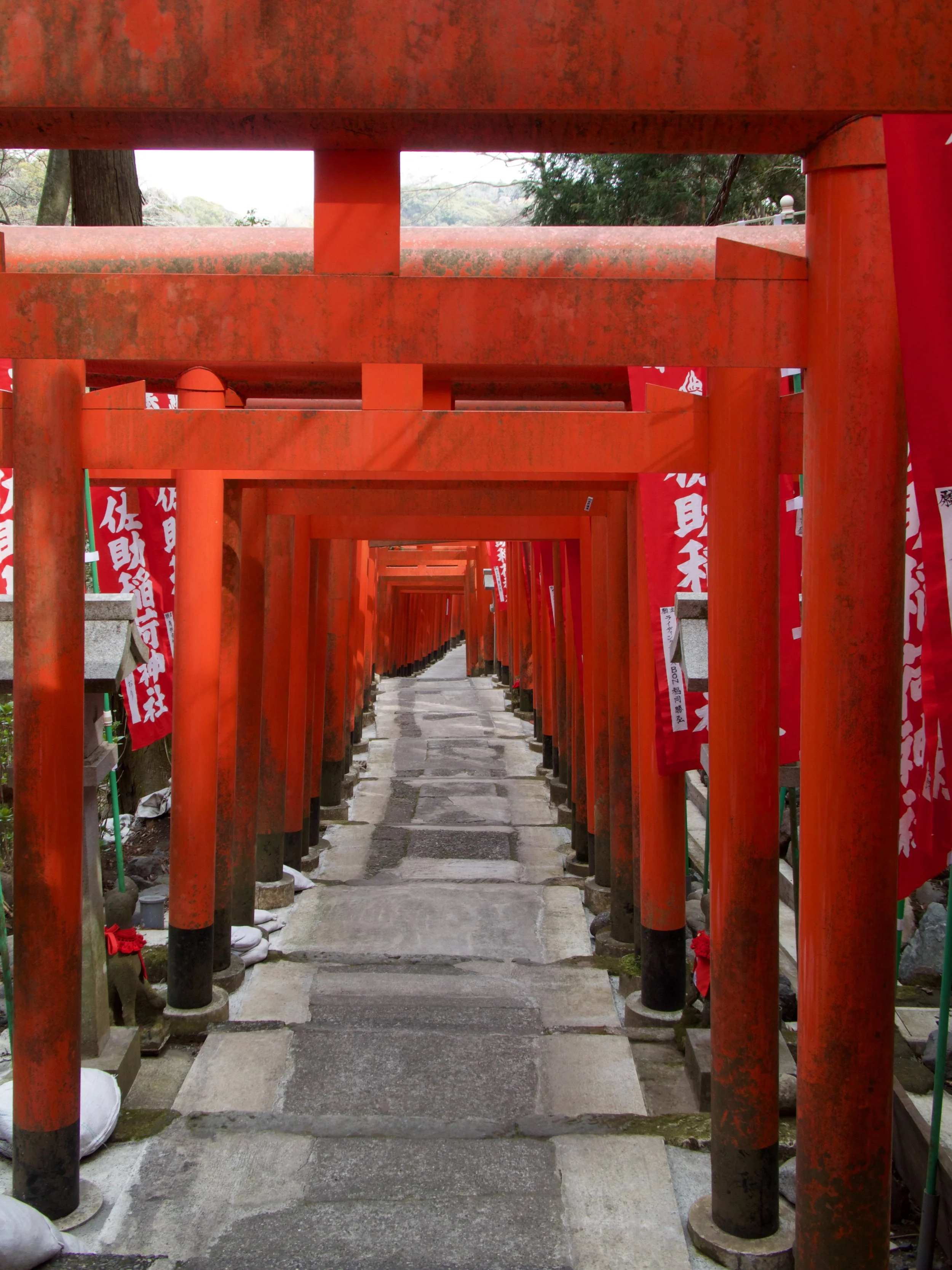 A pathway lined with numerous bright red torii gates at a Japanese shrine, with banners in the background.