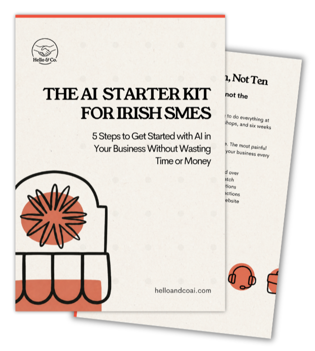 Cover of a toolkit titled 'The AI Starter Kit for Irish SMEs' with a subtitle about using AI in business. Features a simple illustration of a storefront with a flower and a logo for Hello & Co. at the top left.