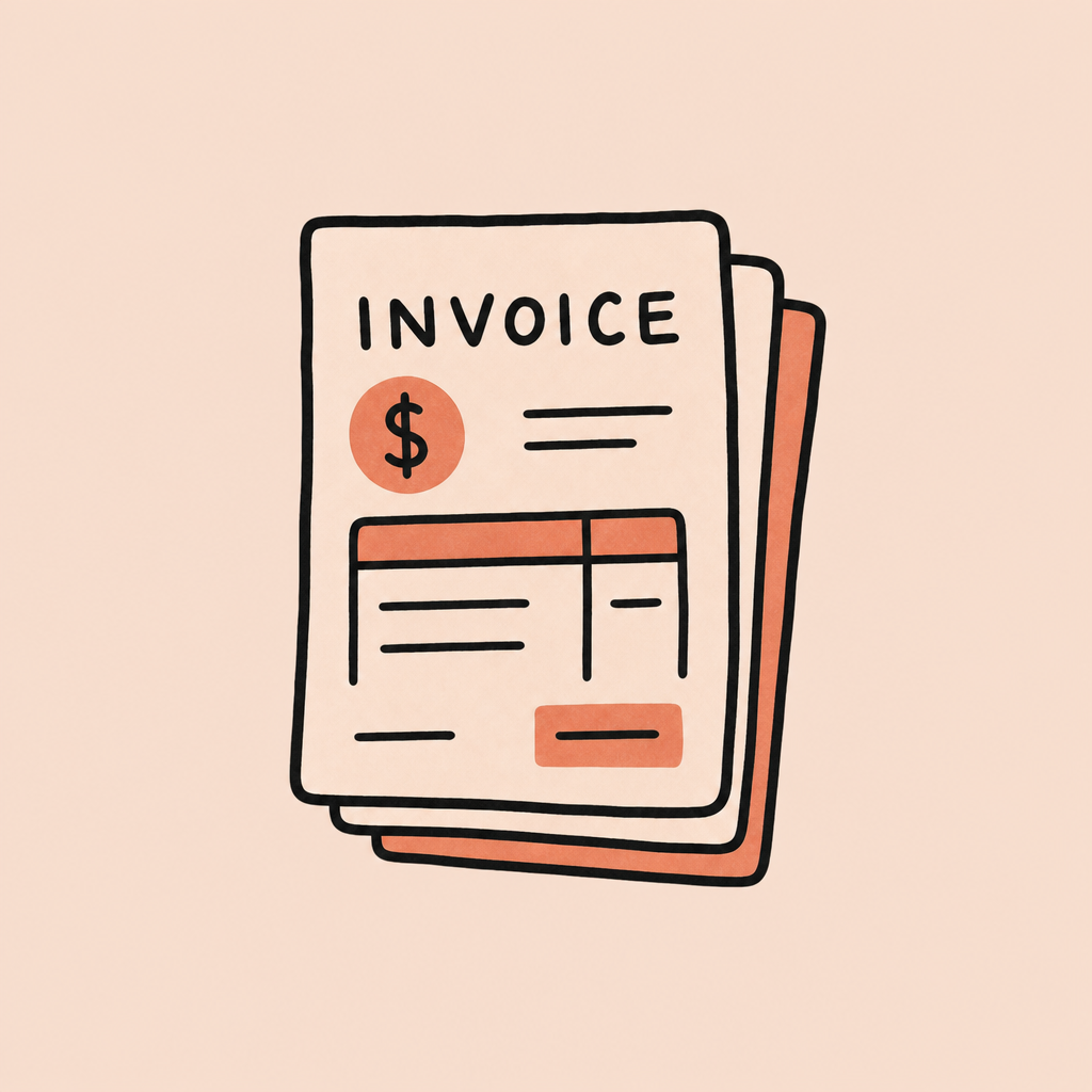 Illustration of a stack of invoices with the top one labeled 'Invoice' and a dollar sign, featuring lines and boxes representing billing information, in a simple, minimalist style.