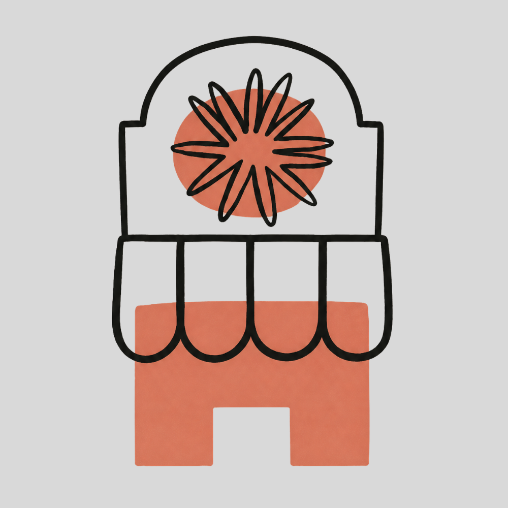 Simple line drawing of a storefront with a round flower and a window display, over a solid block of background color.