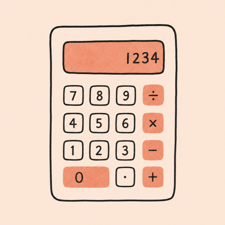 Hand-drawn calculator with orange buttons, displaying the number 1234 on the screen.