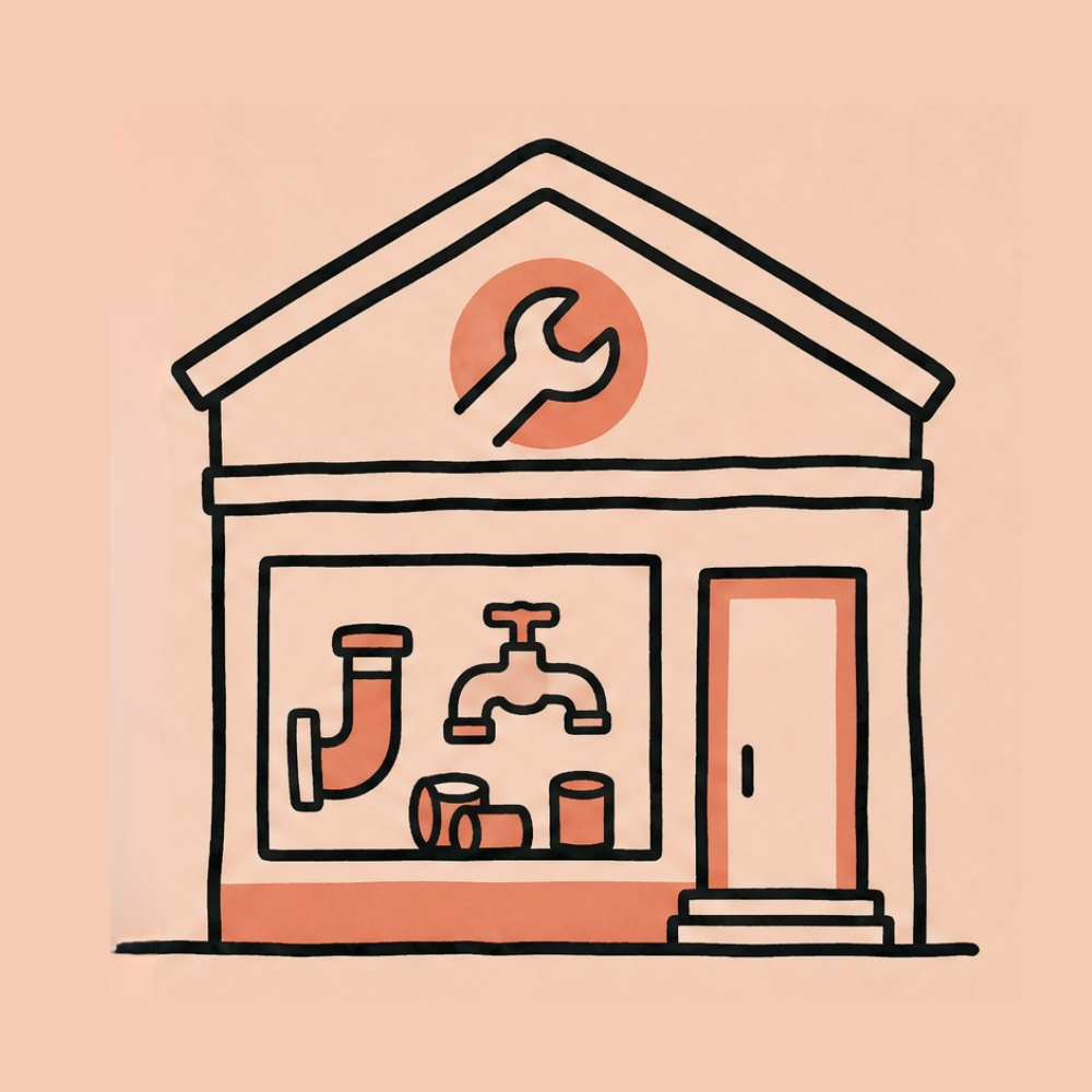 Outline illustration of a house with a garage, featuring a wrench symbol in the gable and plumbing fixtures inside.