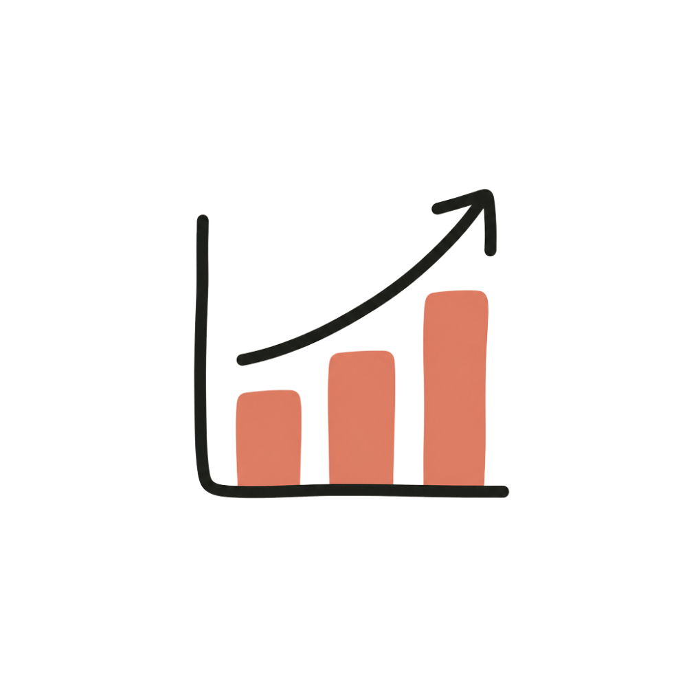 A bar graph with three bars increasing in height from left to right, and an upward trending arrow above the bars indicating growth.