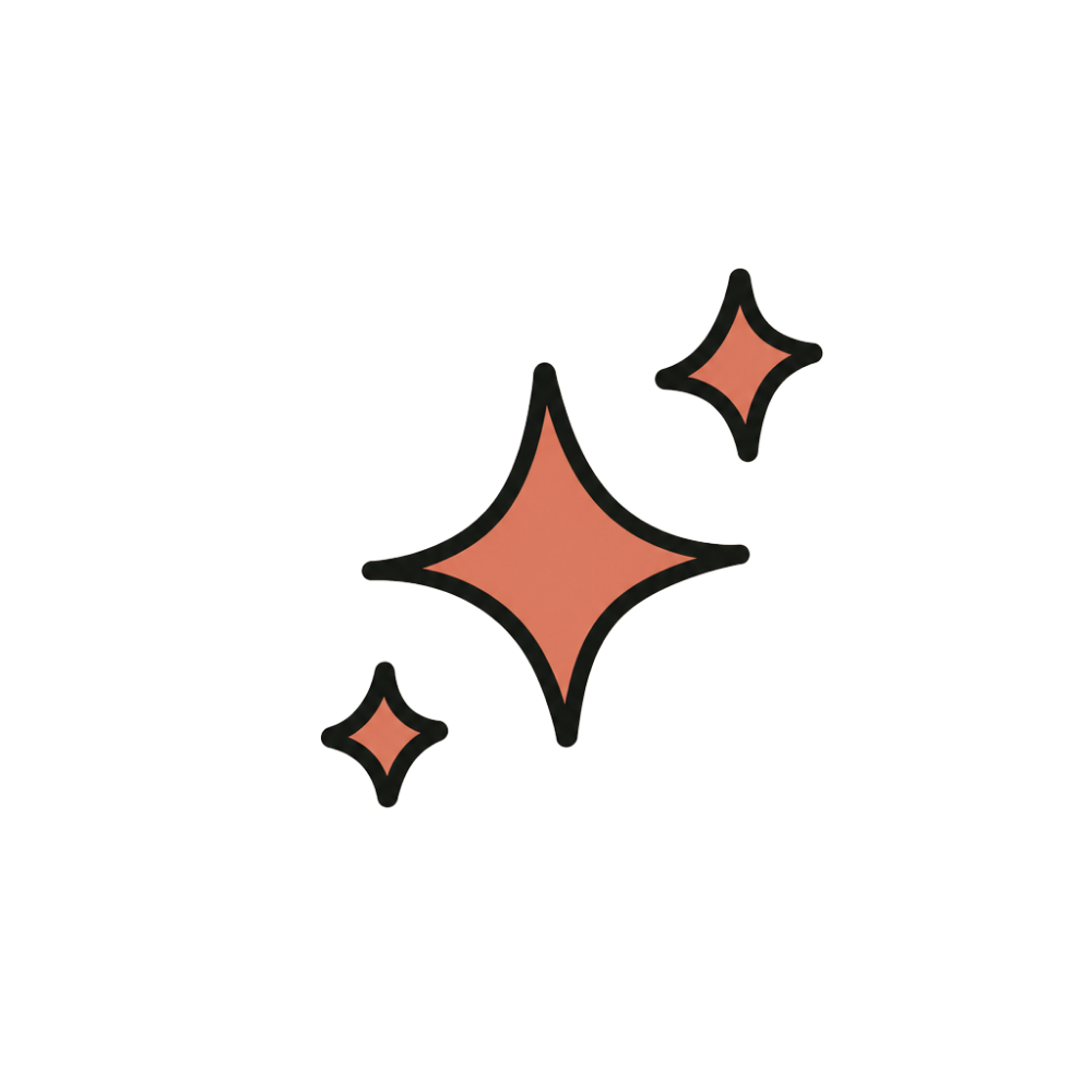 Shiny star icons in pink with black borders, arranged with one large star and two smaller stars around it.