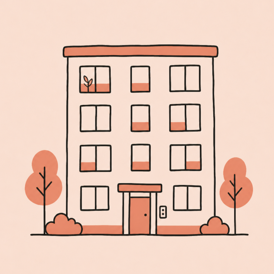Simple illustration of a four-story apartment building with trees and bushes on either side, and a door with an intercom next to it.