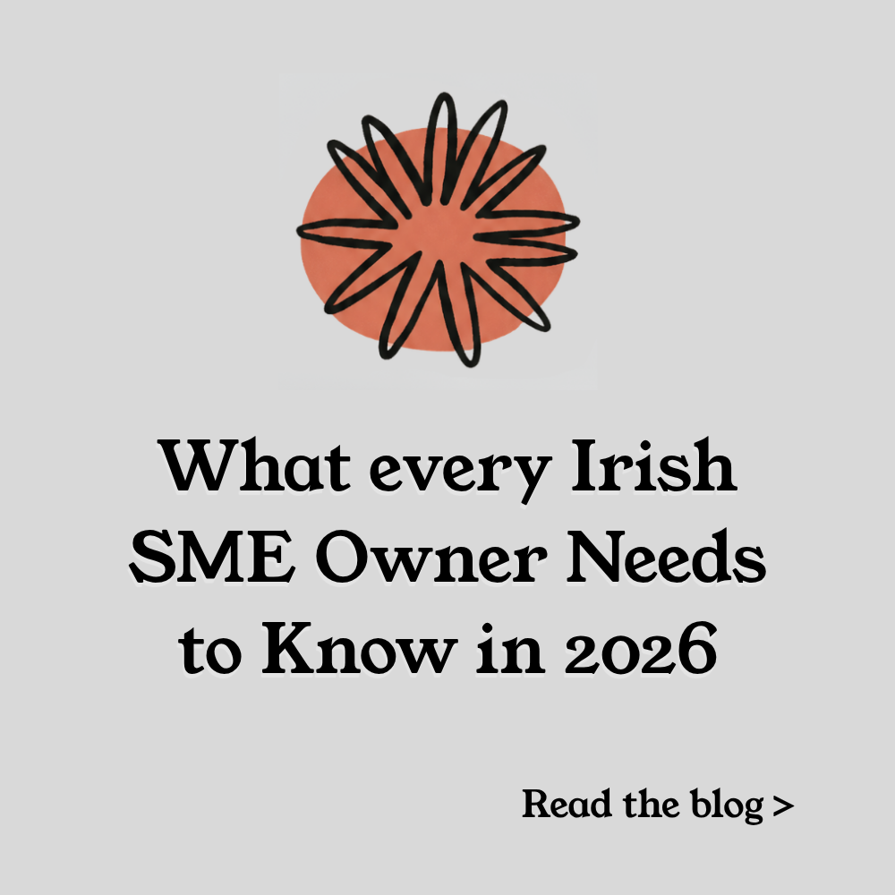 A graphic featuring an orange circle with a black abstract flower-like design over it, accompanied by text that reads: 'What every Irish SME Owner Needs to Know in 2026' and a smaller text saying 'Read the blog>'.