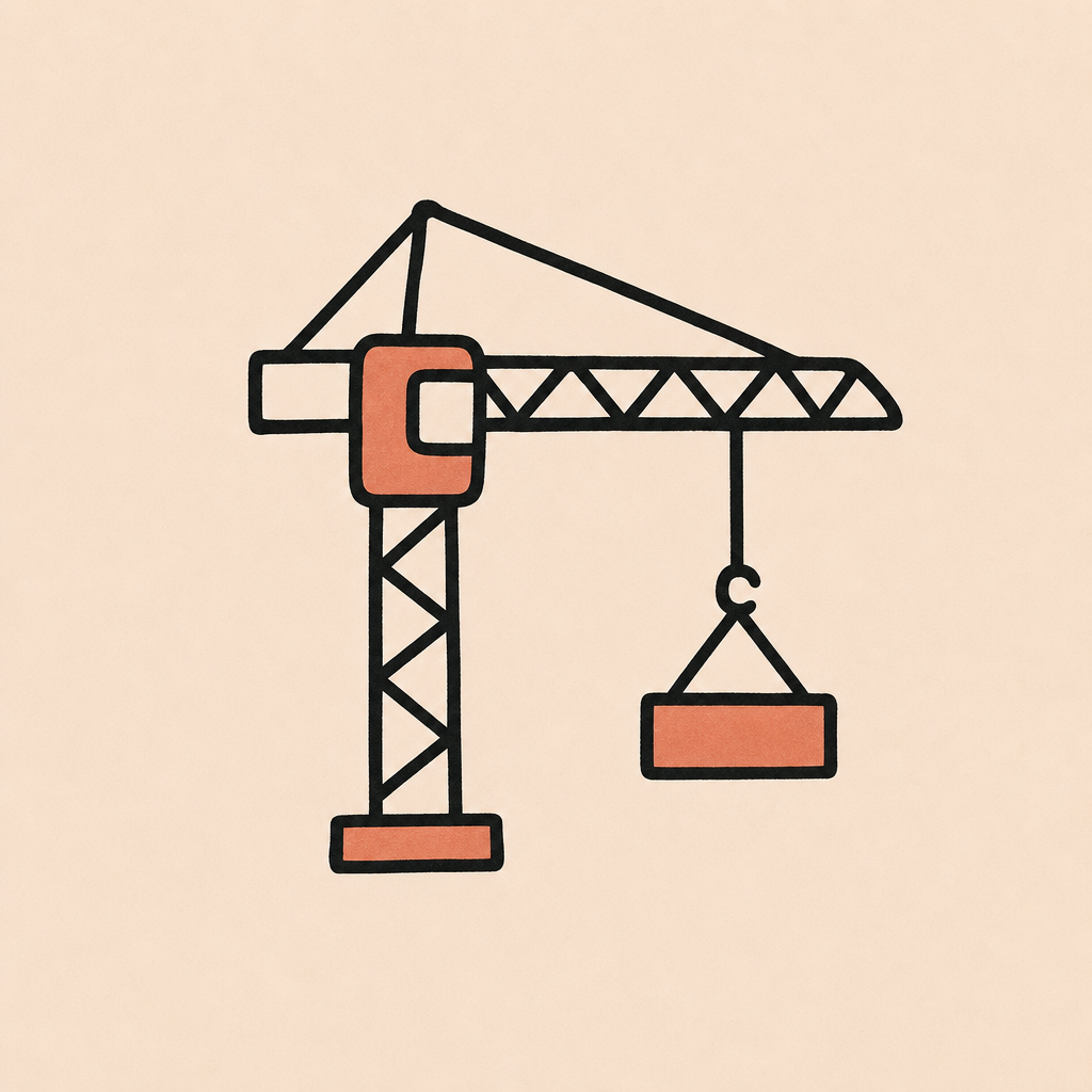 Illustration of a construction crane in black outline with orange details on the weight and counterweight, set against a plain background.