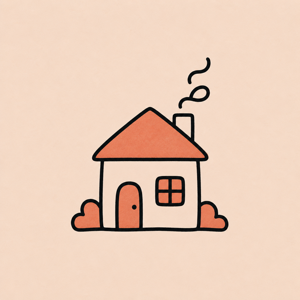 A simple illustration of a house with a triangular roof, a chimney with smoke, a door, and a window, all outlined in black with orange-colored roof, door, window panes, and bushes beside the house.