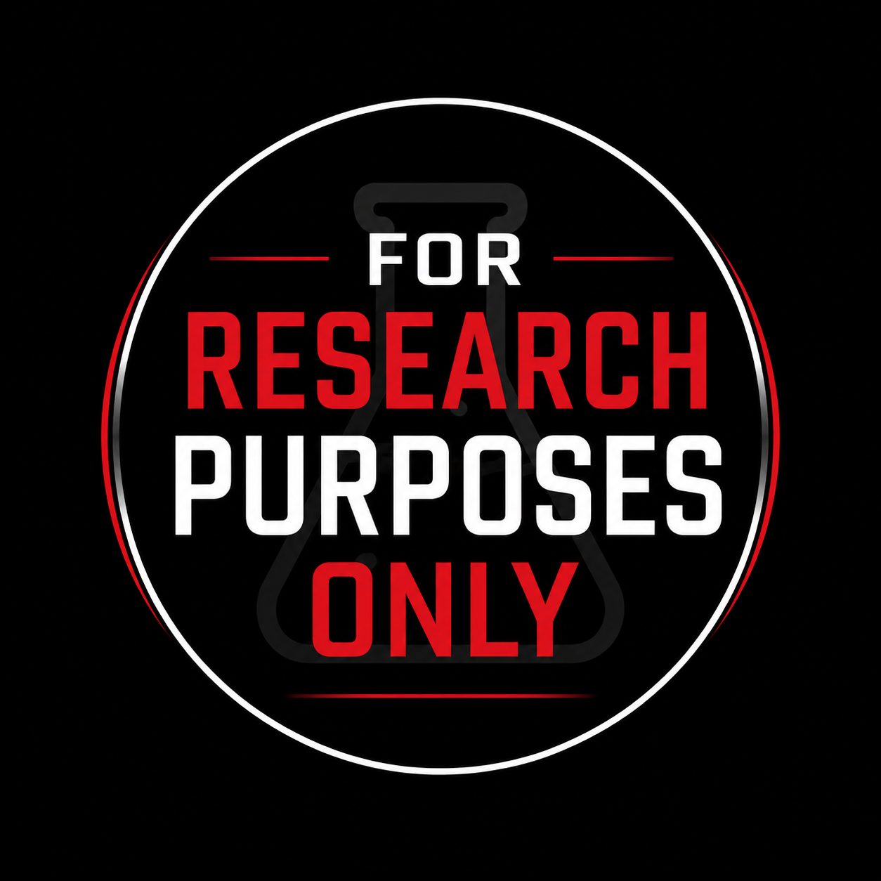 Text reading 'For Research Purposes Only' with a kettlebell silhouette in the background, on a black background.