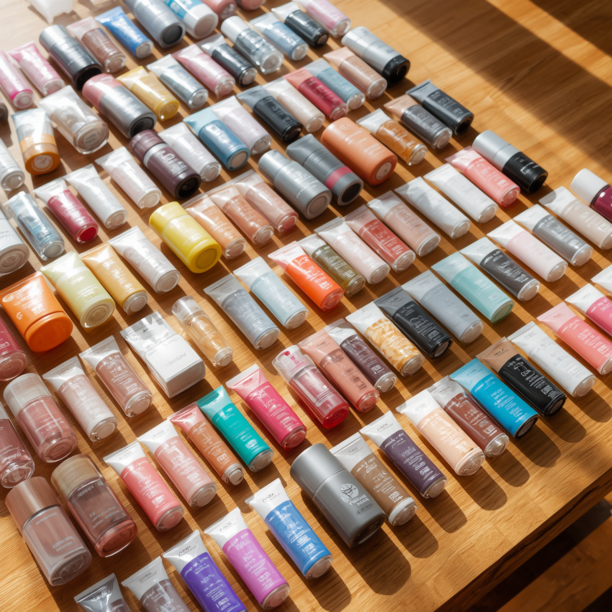 Une variété de tubes de peinture ou de crème colorée disposés sur une surface en bois, organisés en rangées.