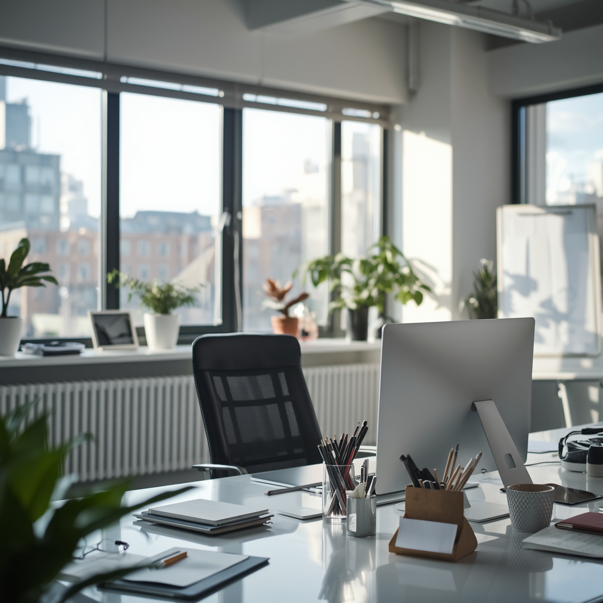 Bureau moderne avec une grande table blanche, un fauteuil de bureau noir, un ordinateur blanc, des plantes d'intérieur, et une grande fenêtre laissant entrer la lumière naturelle