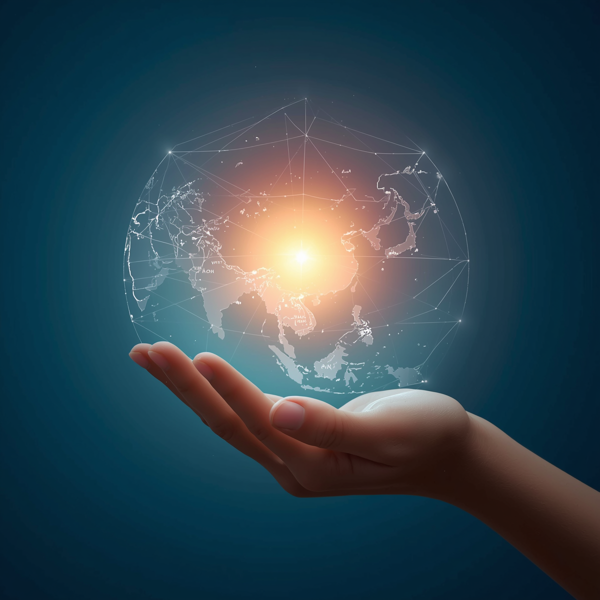Une main tient une représentation numérique de la Terre avec un point lumineux au centre, illustrant la connectivité mondiale.