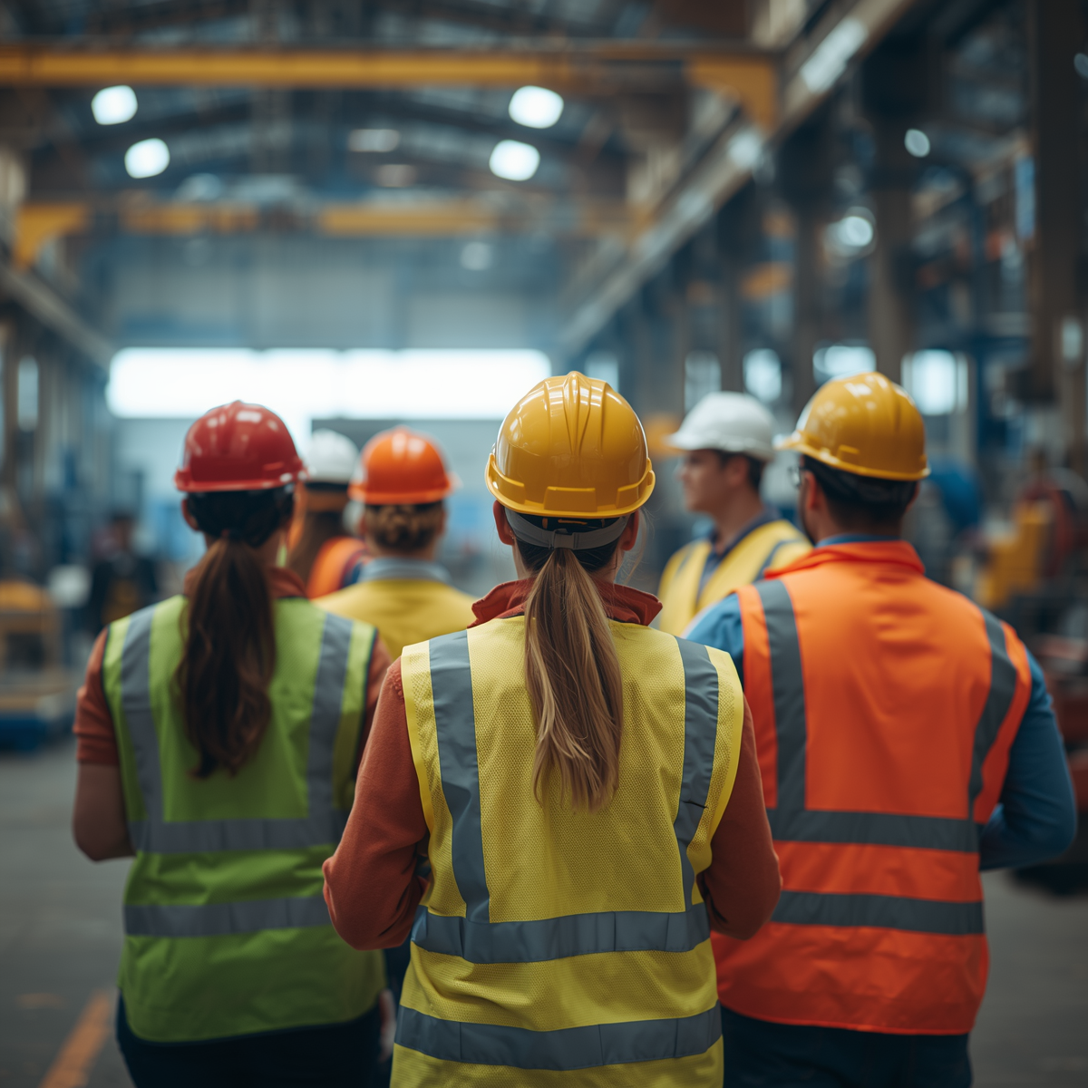 Groupe de travailleurs portant des casques de sécurité et des gilets de haute visibilité dans une usine ou un entrepôt industriel.