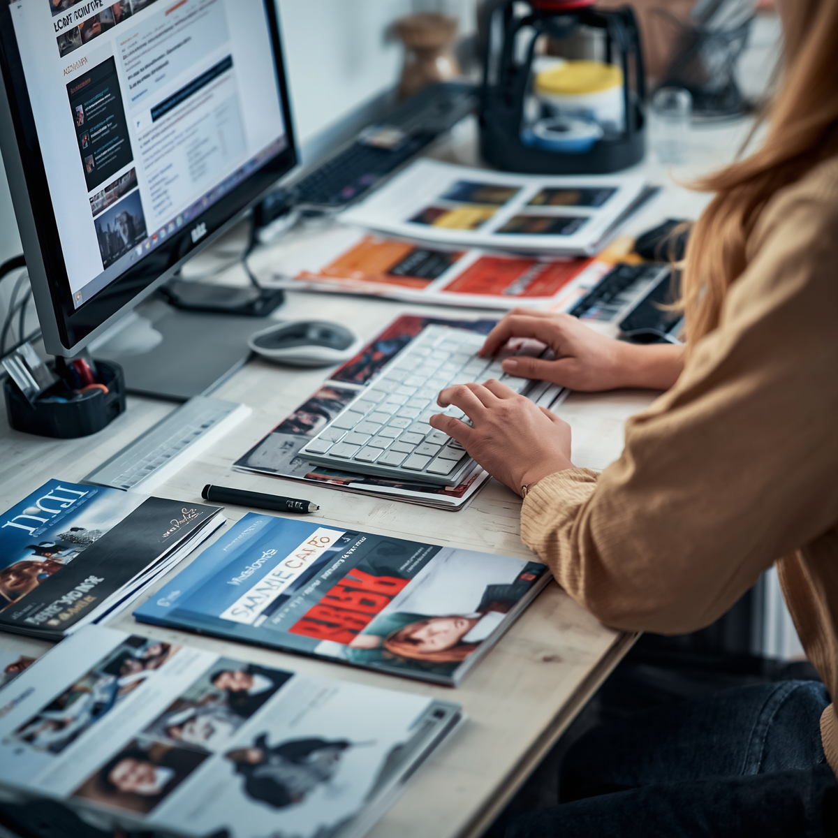 Une personne travaille à un bureau avec un ordinateur, entourée de magazines, de brochures et de documents.