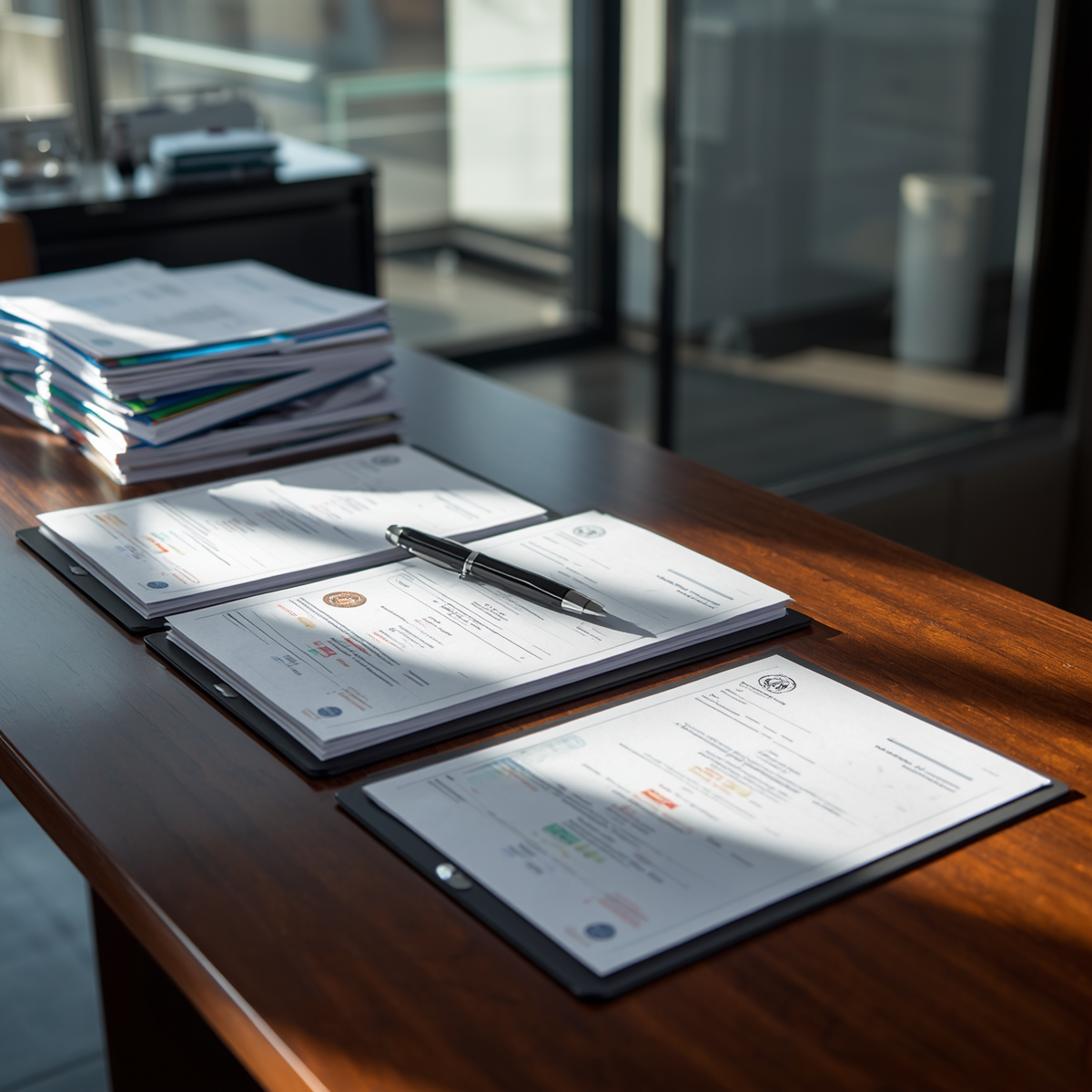 Documents légaux et un stylo sur une table en bois dans un bureau lumineux.