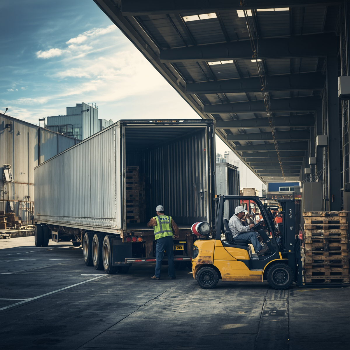 Chauffeur de chariot élévateur déplaçant une palette de marchandises d'un camion dans une zone de chargement industrielle.