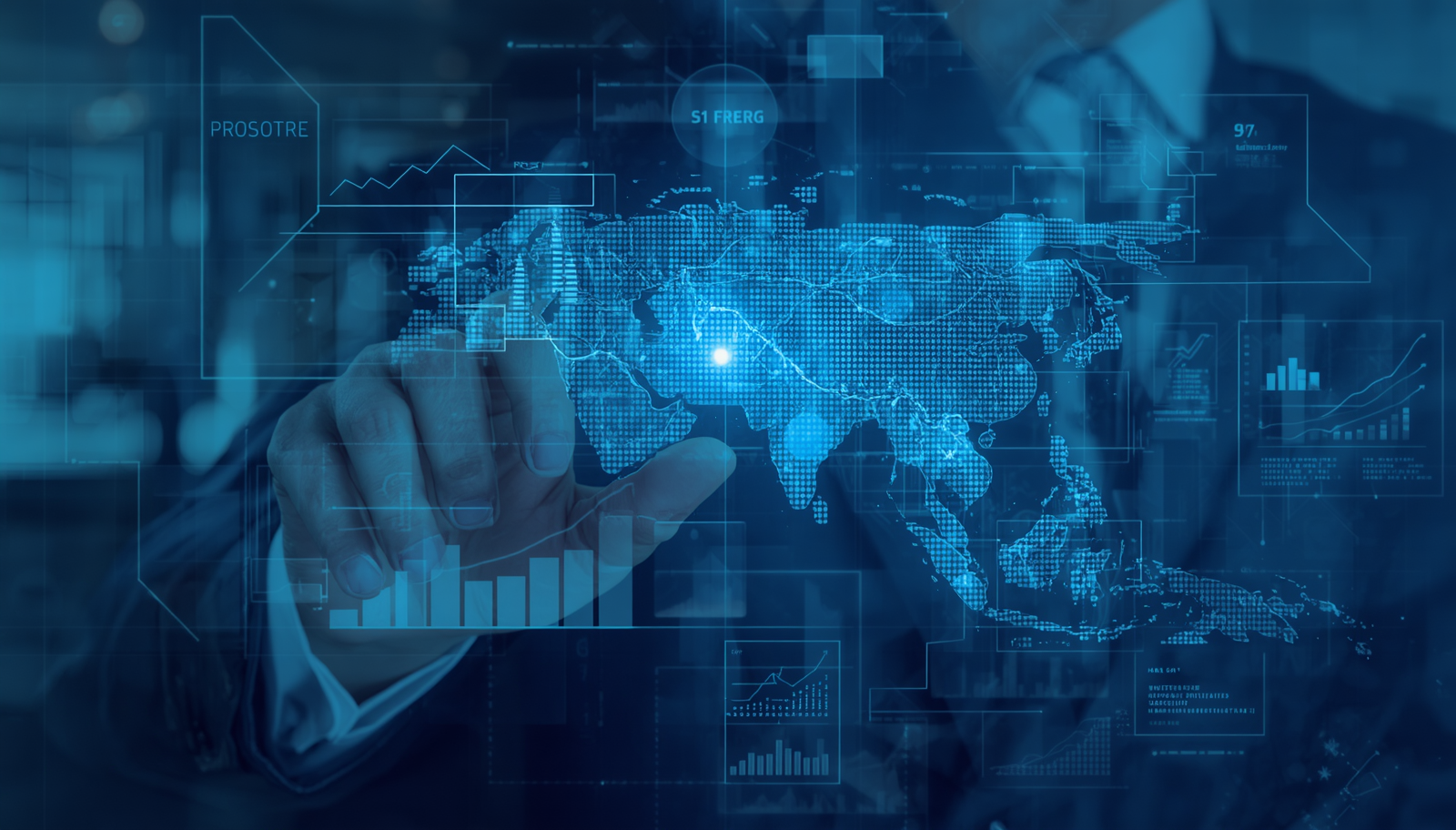Un homme en costume utilisant une interface numérique holographique affichant une carte du monde en points bleus, avec divers graphiques et données statistiques.