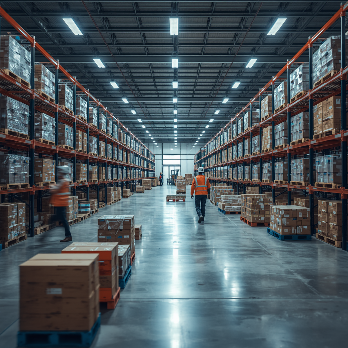 Vue intérieure d'un grand entrepôt avec des stocks de cartons alignés sur des étagères en métal, quelques travailleurs portant des vestes de sécurité orange et un casque, circulant dans l'espace.