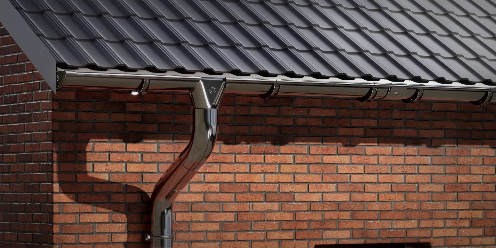 Bricked house exterior with metal roof, gutter, and downspout