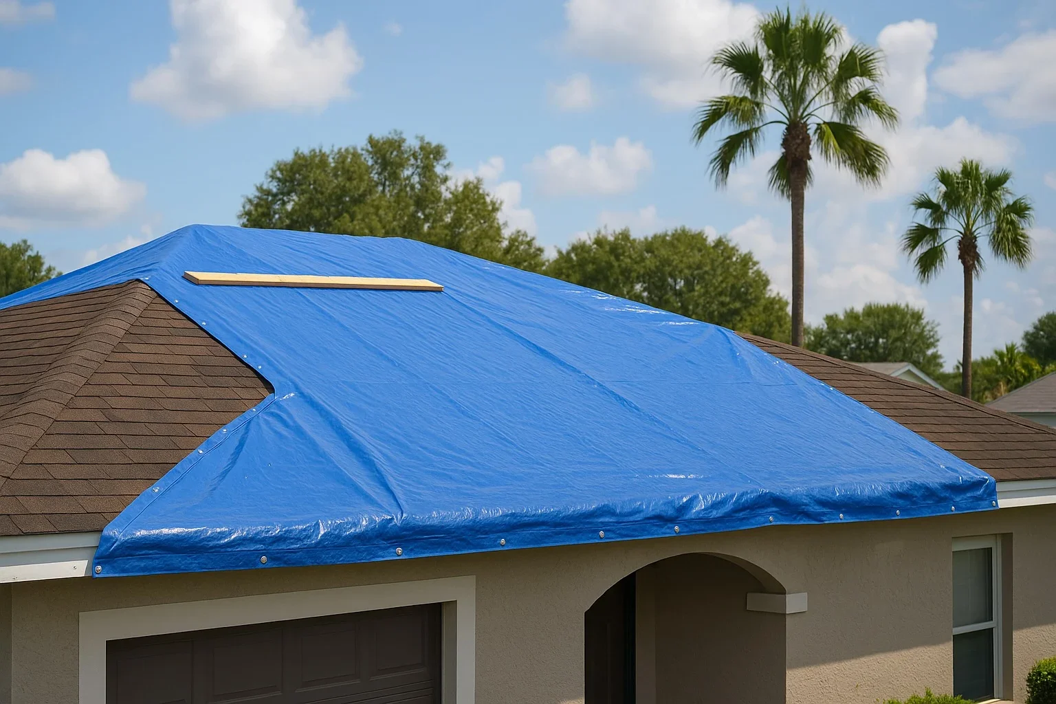 House roof with blue tarp covering a section, on a clear day with palm trees and other trees in the background.