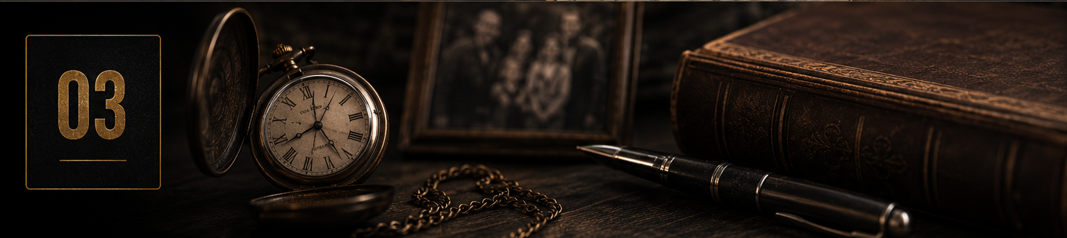 Close-up of vintage pocket watch, leather-bound books, a chain, and a pen on a dark wooden surface.