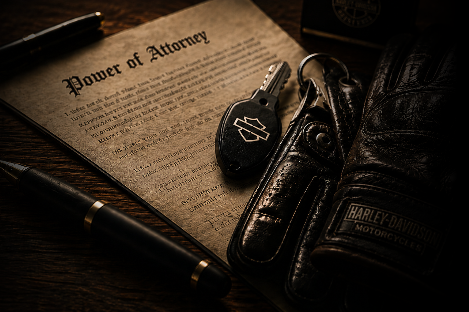 A Harley-Davidson motorcycle owner's manual, a leather motorcycle jacket, a set of car keys with a Harley logo, a black pen, and sunglasses arranged on a wooden surface.