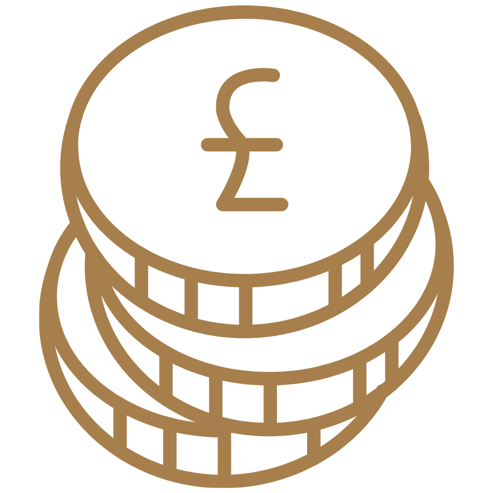 Stack of coins with British pound symbol (£) on the top coin.