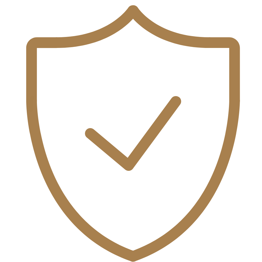 Gold outline shield with a check mark inside.