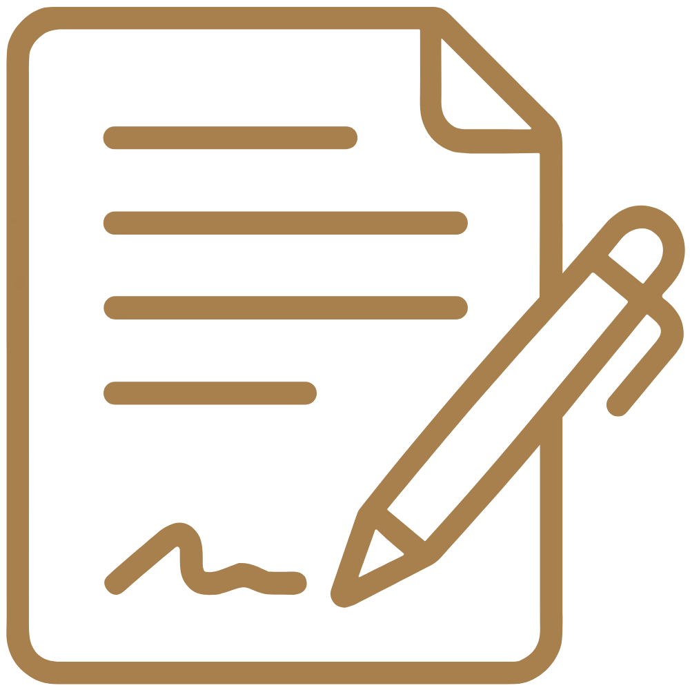 Outline of a document with lines of text and a signature area, accompanied by a pen.