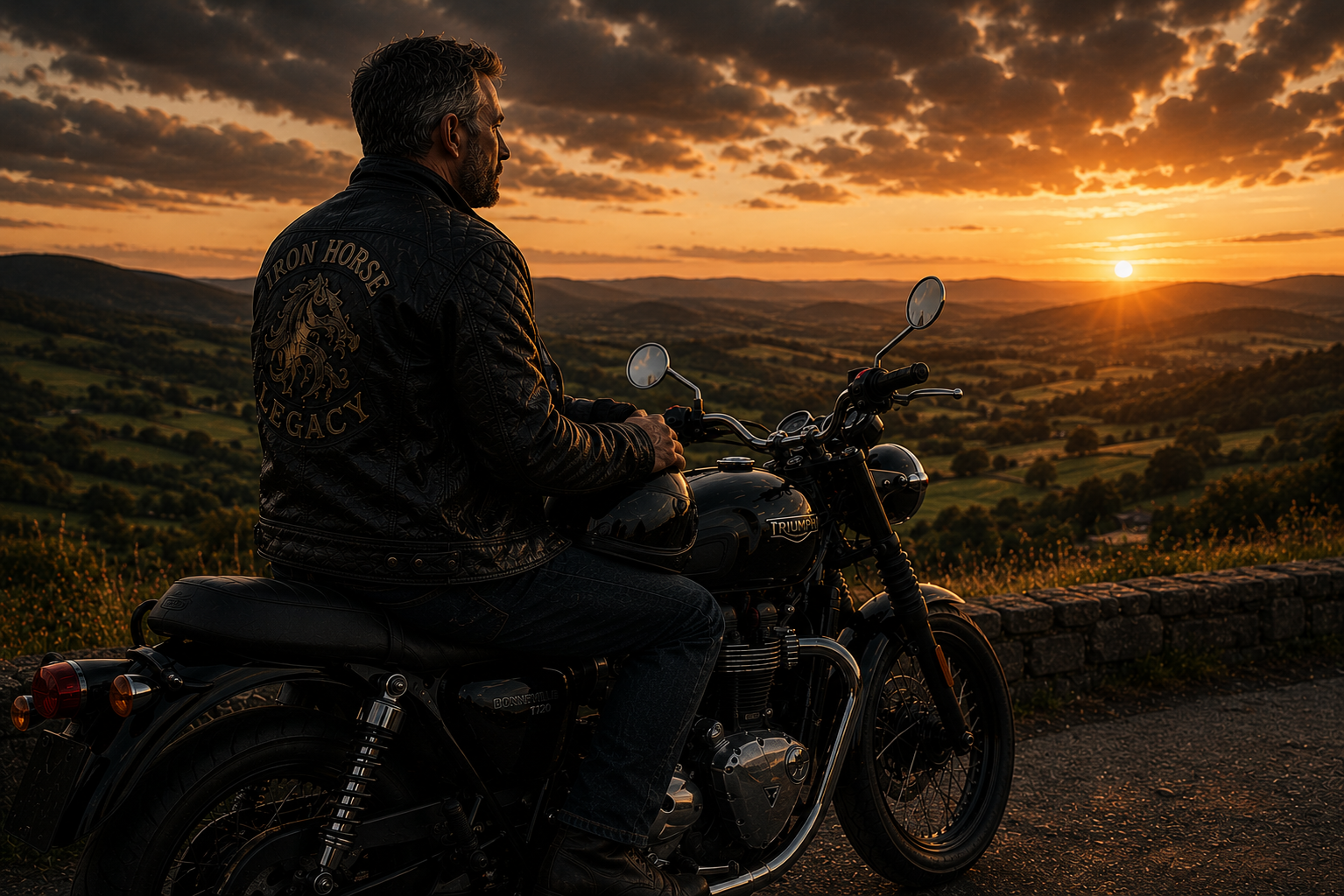 A man sitting on a black Triumph motorcycle, wearing a black leather jacket with 'Iron Horse Legacy' on the back, during sunset overlooking a green, hilly landscape.