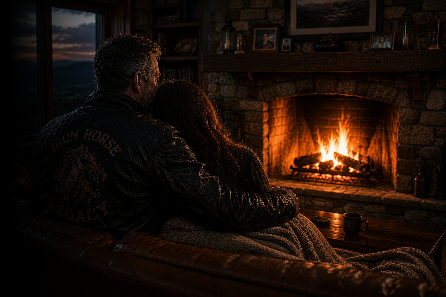 Two people sitting on a leather couch by a fireplace, watching the fire glow, with a window showing a sunset outside.