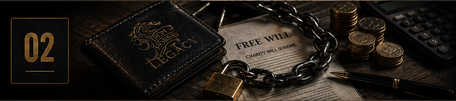 Desk with poker chip wallet, chain with padlock, charity document, stack of coins, pen, and calculator.