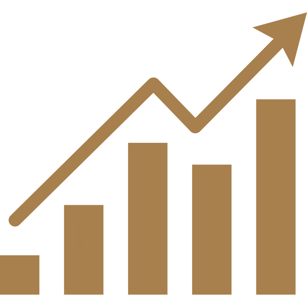A Graph with brown bars showing growth, with an upward trending arrow in brown over the bars.