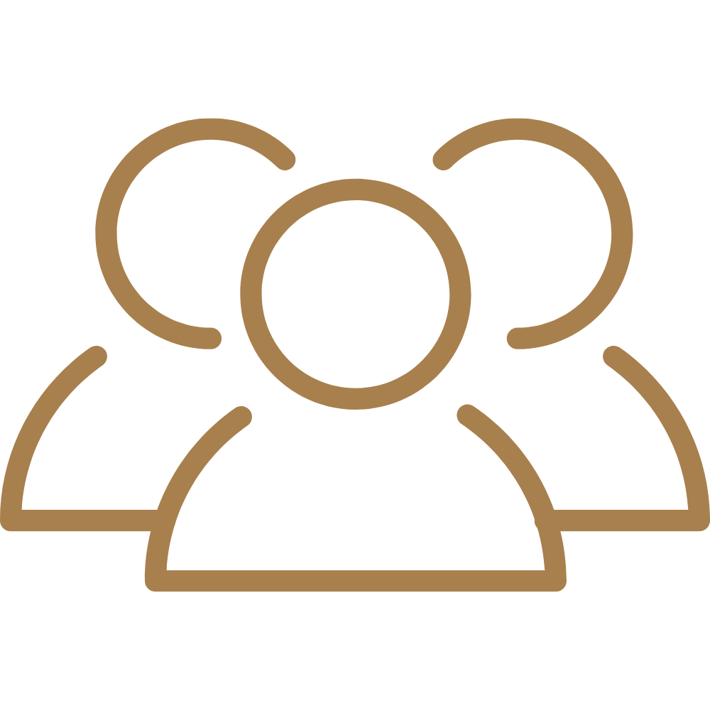 Outline icon of three people, representing a group or community.