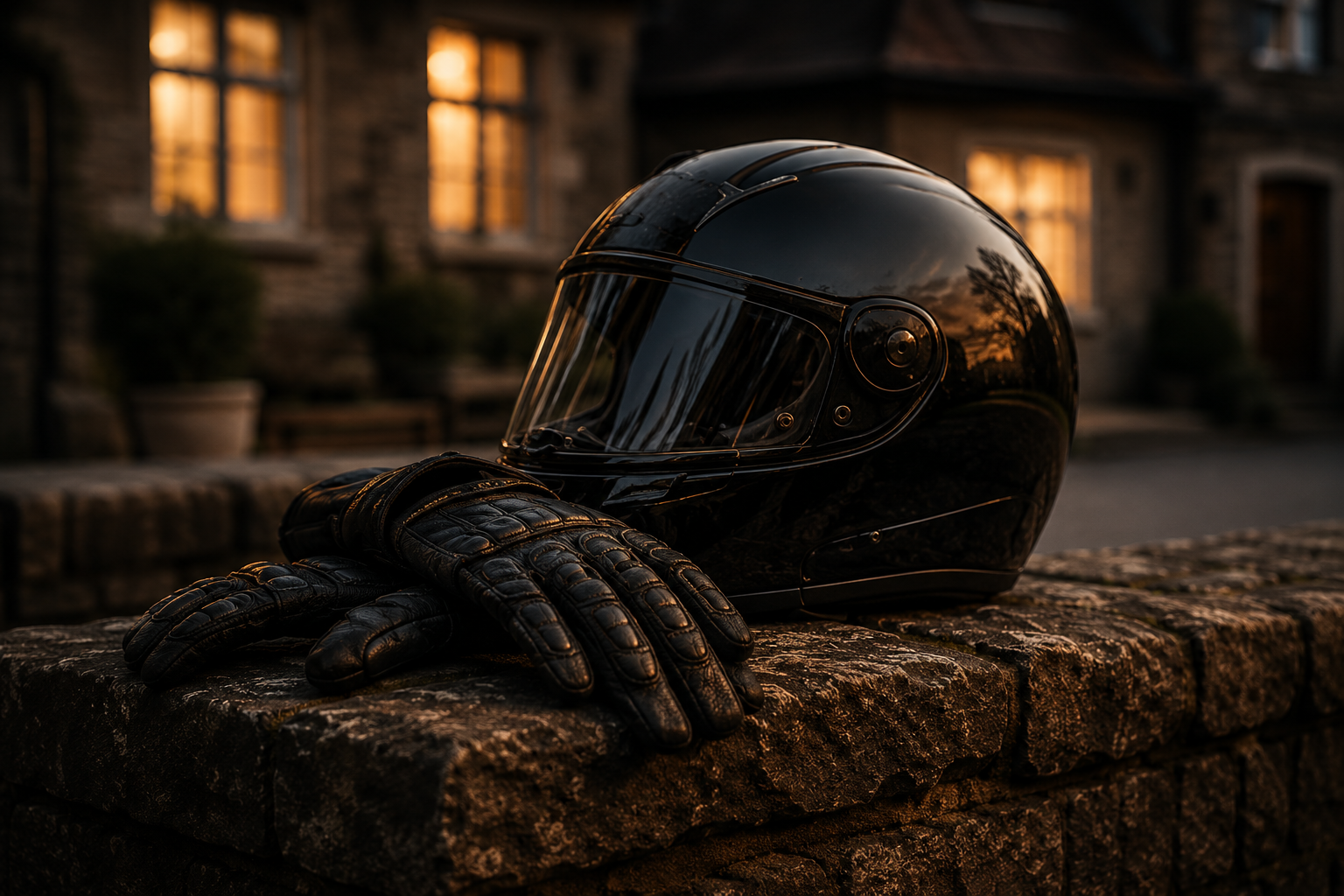 A black motorcycle helmet and matching black gloves resting on a brick wall during sunset, with a background of a stone house and illuminated windows.
