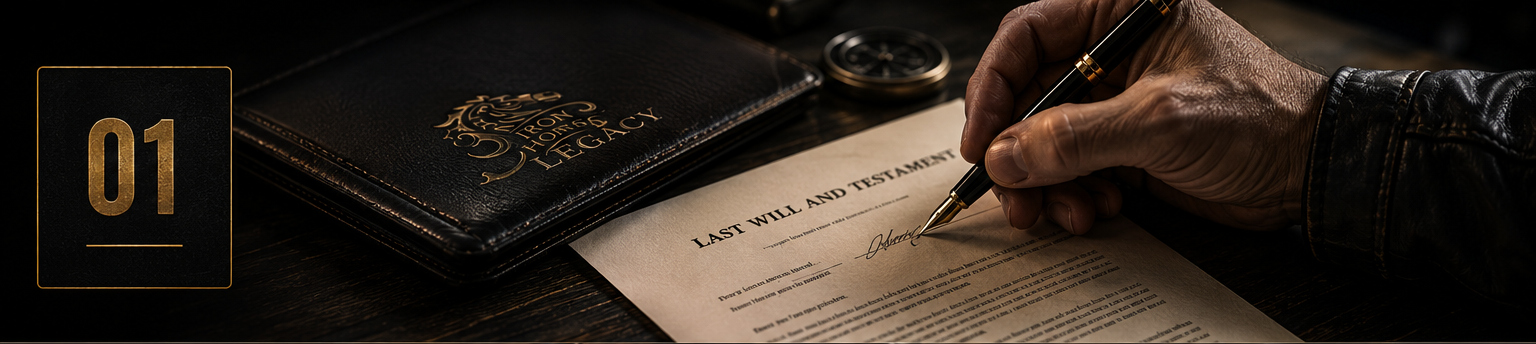 Close-up of a person's hand signing a last will and testament document with a black leather-bound book titled 'HONOR, HONOR, LEGACY' nearby, on a dark wooden surface.