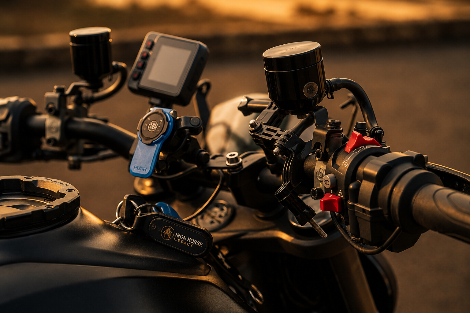 Close-up of a motorcycle's handlebar with digital display, controls, and accessories in warm sunset lighting.