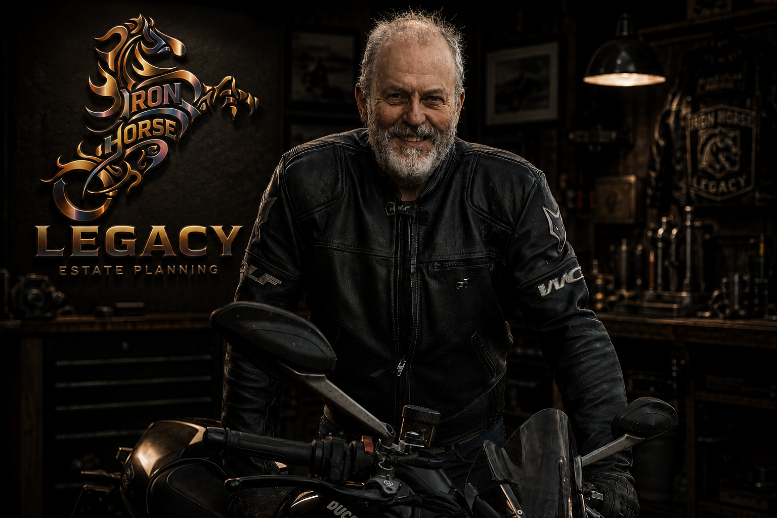 An older man with a beard, smiling, wearing a black leather motorcycle jacket, sitting on a motorcycle in a garage with a "Ron Horse Legacy" sign and tools in the background.